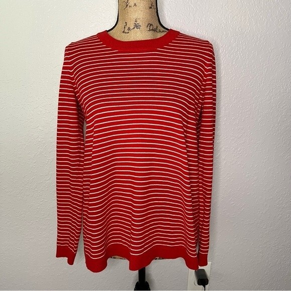 Boden Womens Size S Red Striped Lace Back Cotton Blend Long Sleeve Crew Sweater - Picture 1 of 11